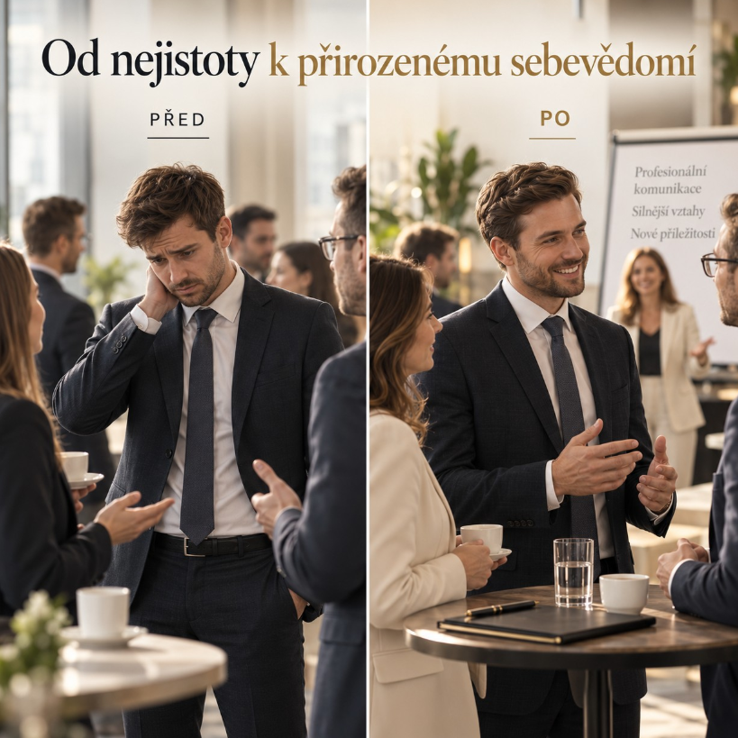 Muž v obleku před publikem ukazuje gesto, v pozadí promítací plátno s motivačním textem.